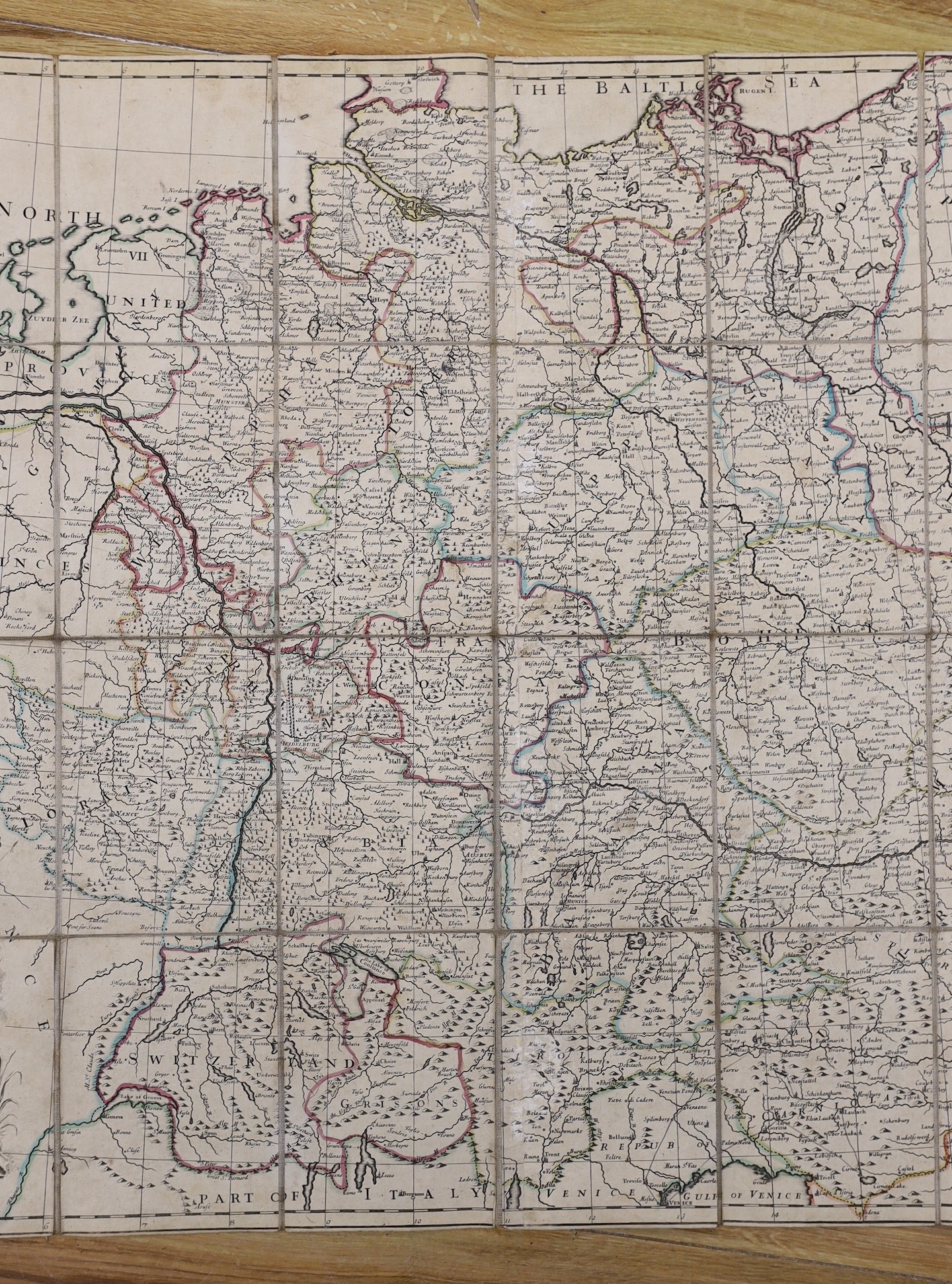 Five unframed engraved maps - Norway - C.I. Pontoppidan - Det Nordlige Norge, 1795, 54 x 70cms; Italy - Jailott - L’Italie, 1718, 53 x 67cms, in slip case; John Senex - Germany, 1710, 66 x 98; C. Smith - Devon, 1804, 48